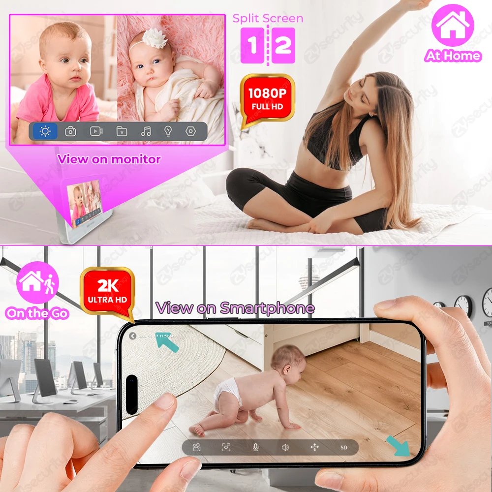 WiFiベビーモニター、2つのカメラ分割画面対応、アプリ制御 - Audio Music Google のレビューと価格